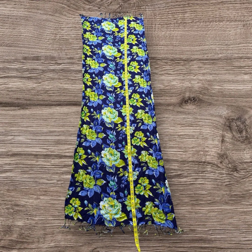 Isaac Mizrahi Blue Yellow Floral Scarf Fringe Wrap Shawl 70x26 OS